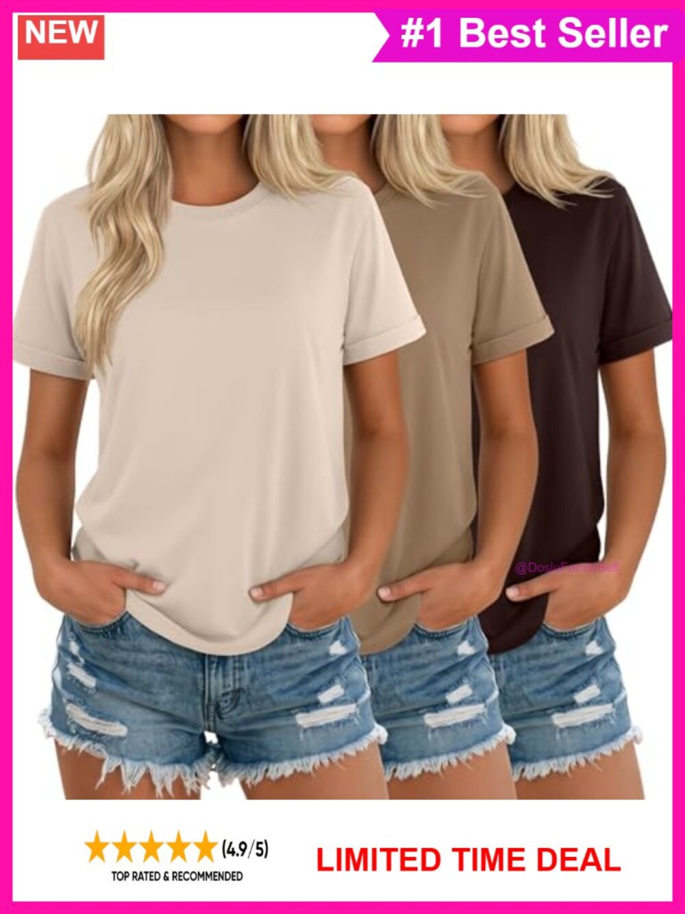 3 Pack Womens Short Sleeve Crew Neck T-Shirts Curved Hem Casual Summer Tees